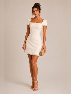 Nanette Lepore Cream Tweed Mini Dress Frayed Hem Quiet Luxury Size 4 NWT